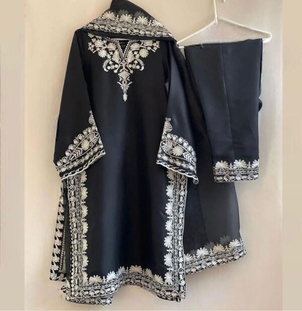 Black Embroidered Organza Suit - 3 Pcs Women's Stitched Ensemble