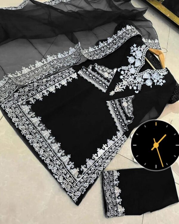 Black Embroidered Organza Suit - 3 Pcs Women's Stitched Ensemble - Image 2